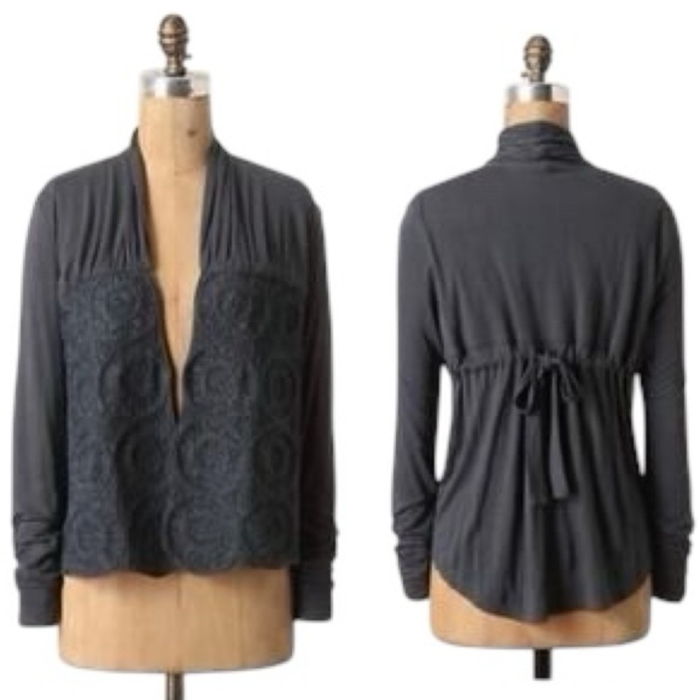 Anthropologie Meadow Rue Forrest Green Embroidered Knit Tie Back Cardigan - M
